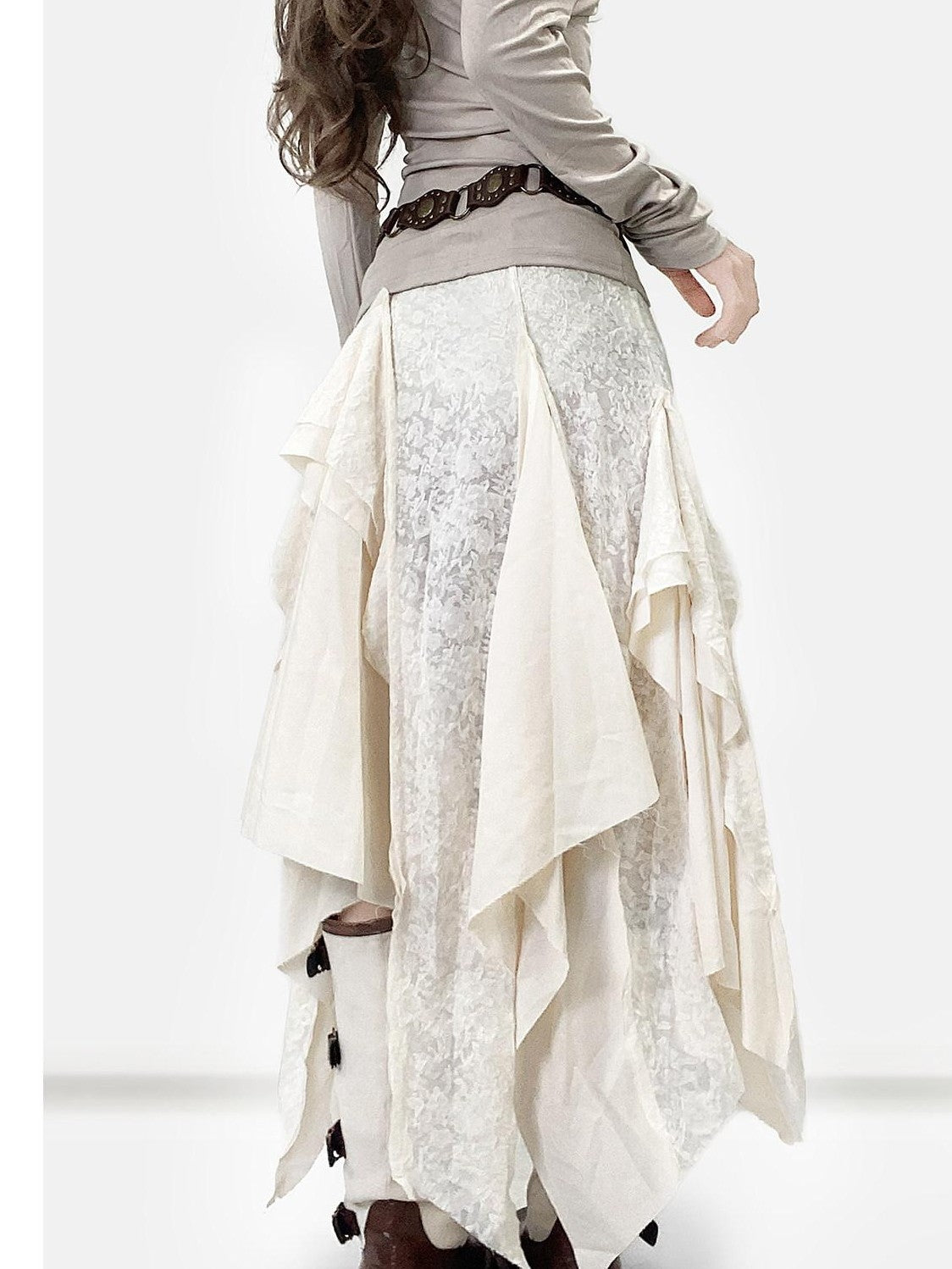 REDDACHIC White Vintage Irregular Ruffle Women'S Lace Patchwork Maxi Skirts