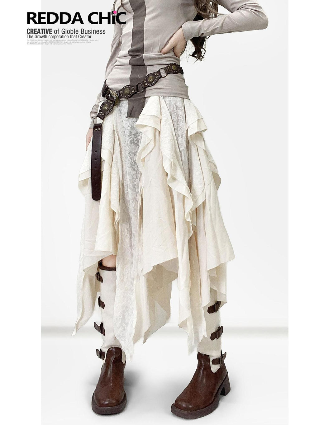 REDDACHIC White Vintage Irregular Ruffle Women'S Lace Patchwork Maxi Skirts