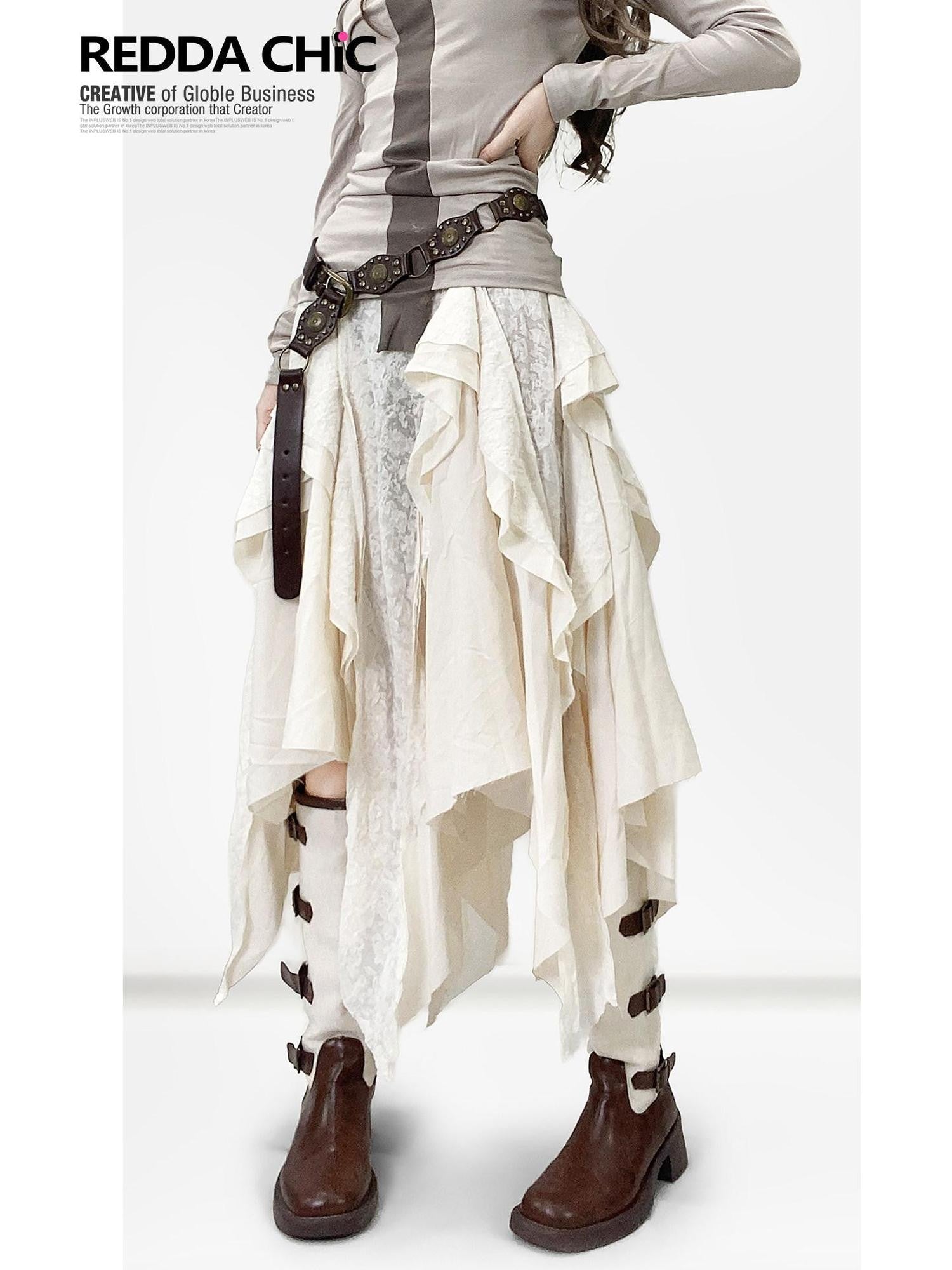REDDACHIC White Vintage Irregular Ruffle Women'S Lace Patchwork Maxi Skirts