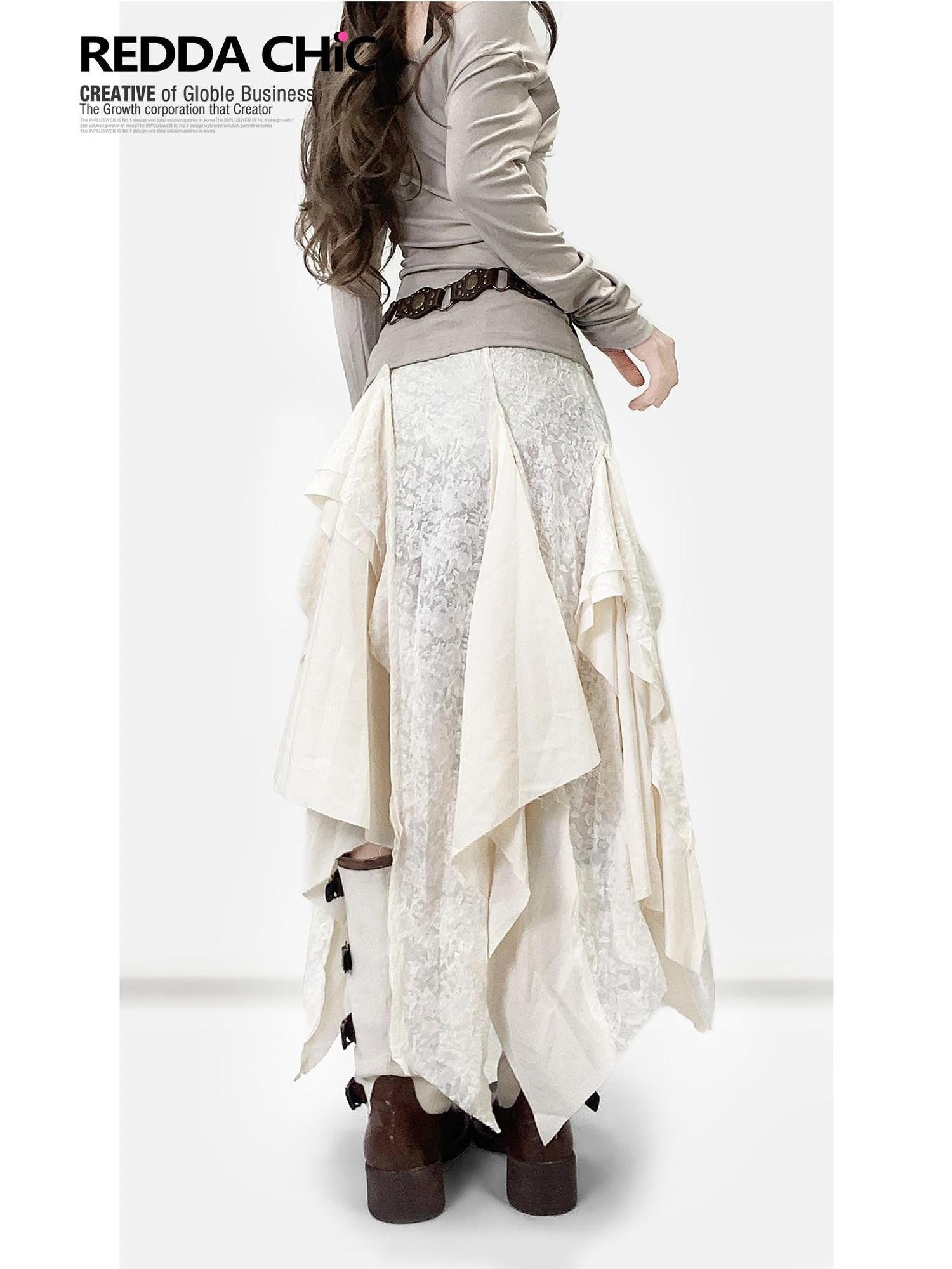 REDDACHIC White Vintage Irregular Ruffle Women'S Lace Patchwork Maxi Skirts
