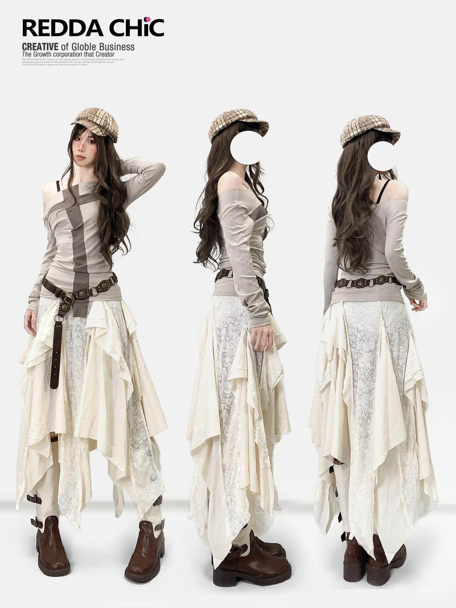 REDDACHIC White Vintage Irregular Ruffle Women'S Lace Patchwork Maxi Skirts