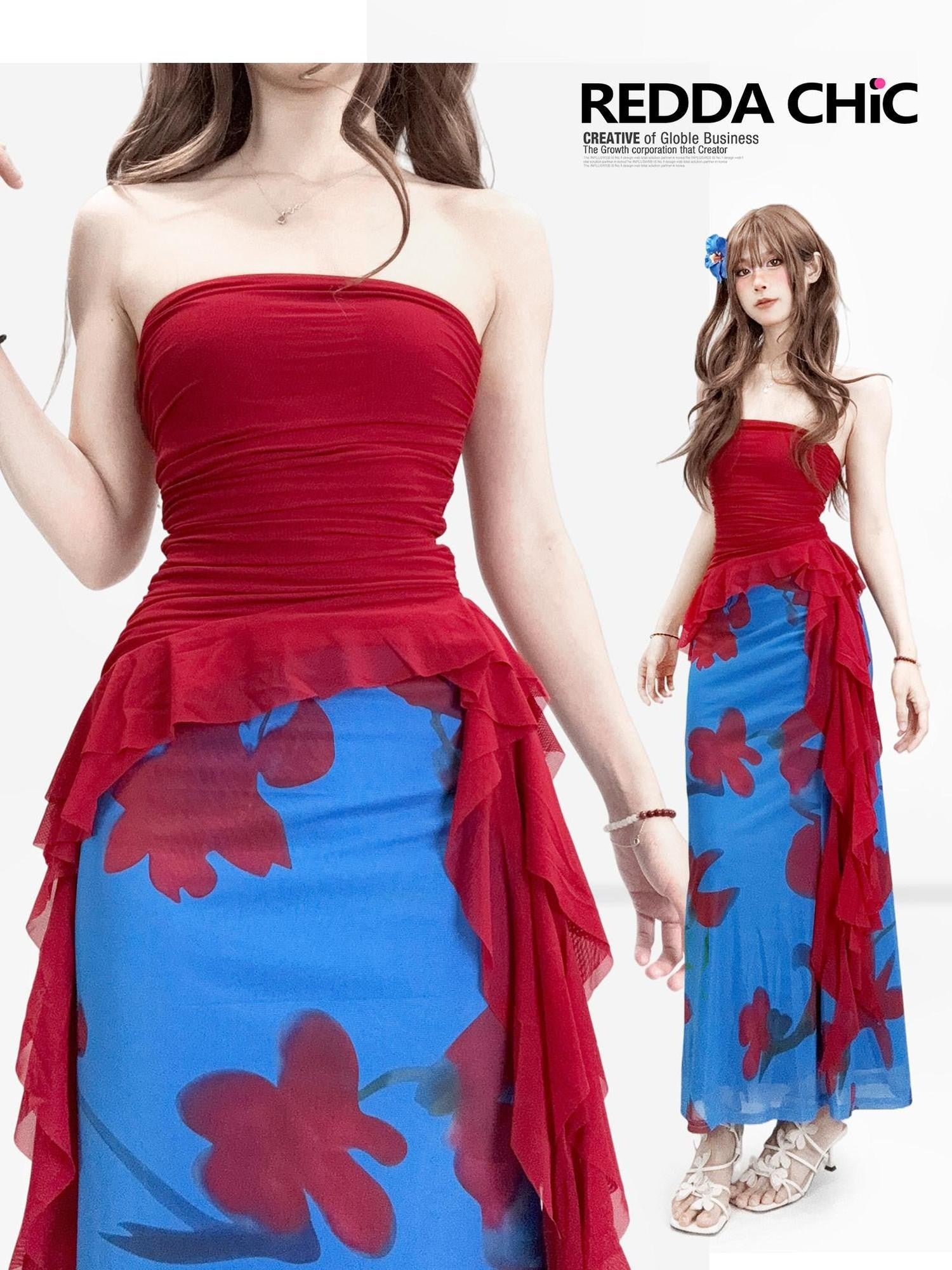 REDDACHIC Wine Red Irregular Ruffle Bustier Waist Cinching Women'S Strapless Midi Dresses