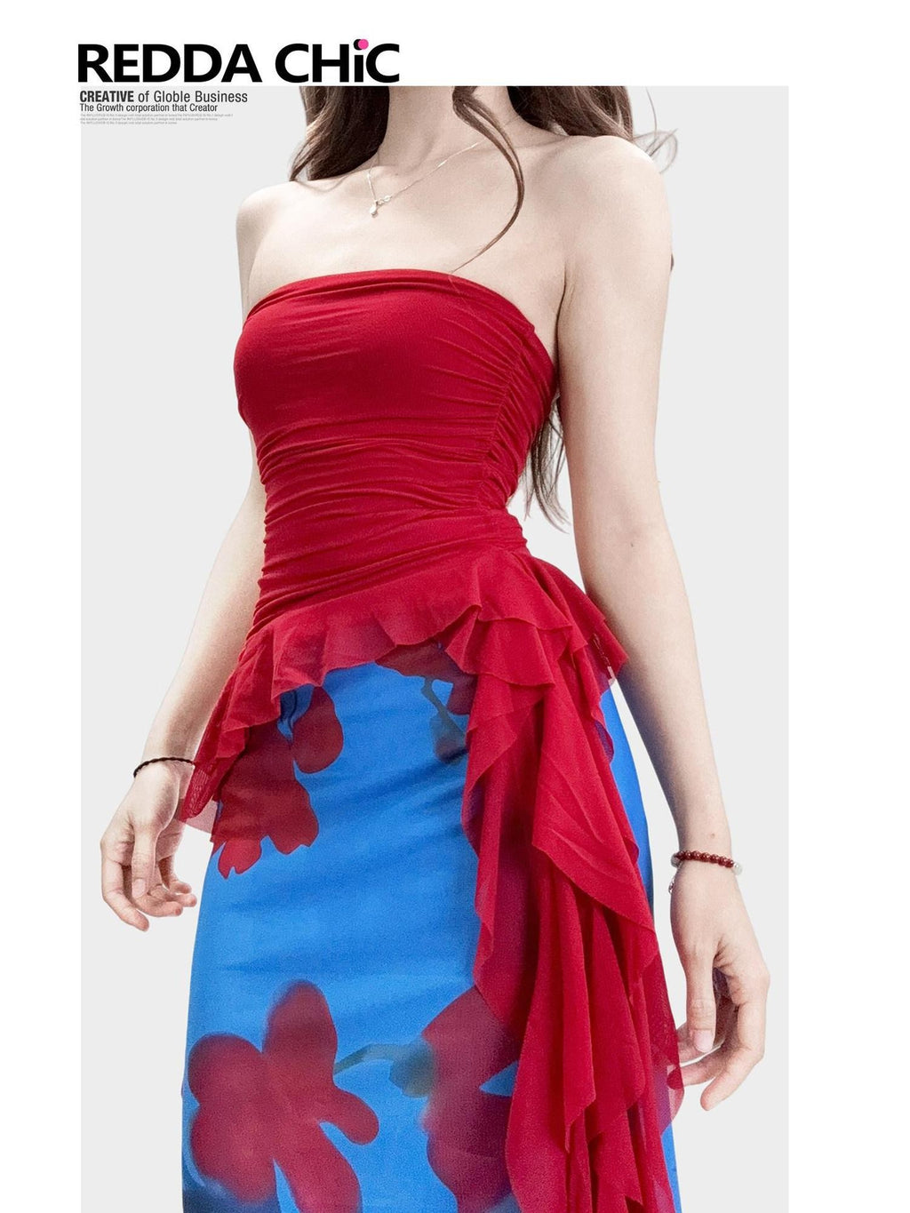 REDDACHIC Wine Red Irregular Ruffle Bustier Waist Cinching Women'S Strapless Midi Dresses