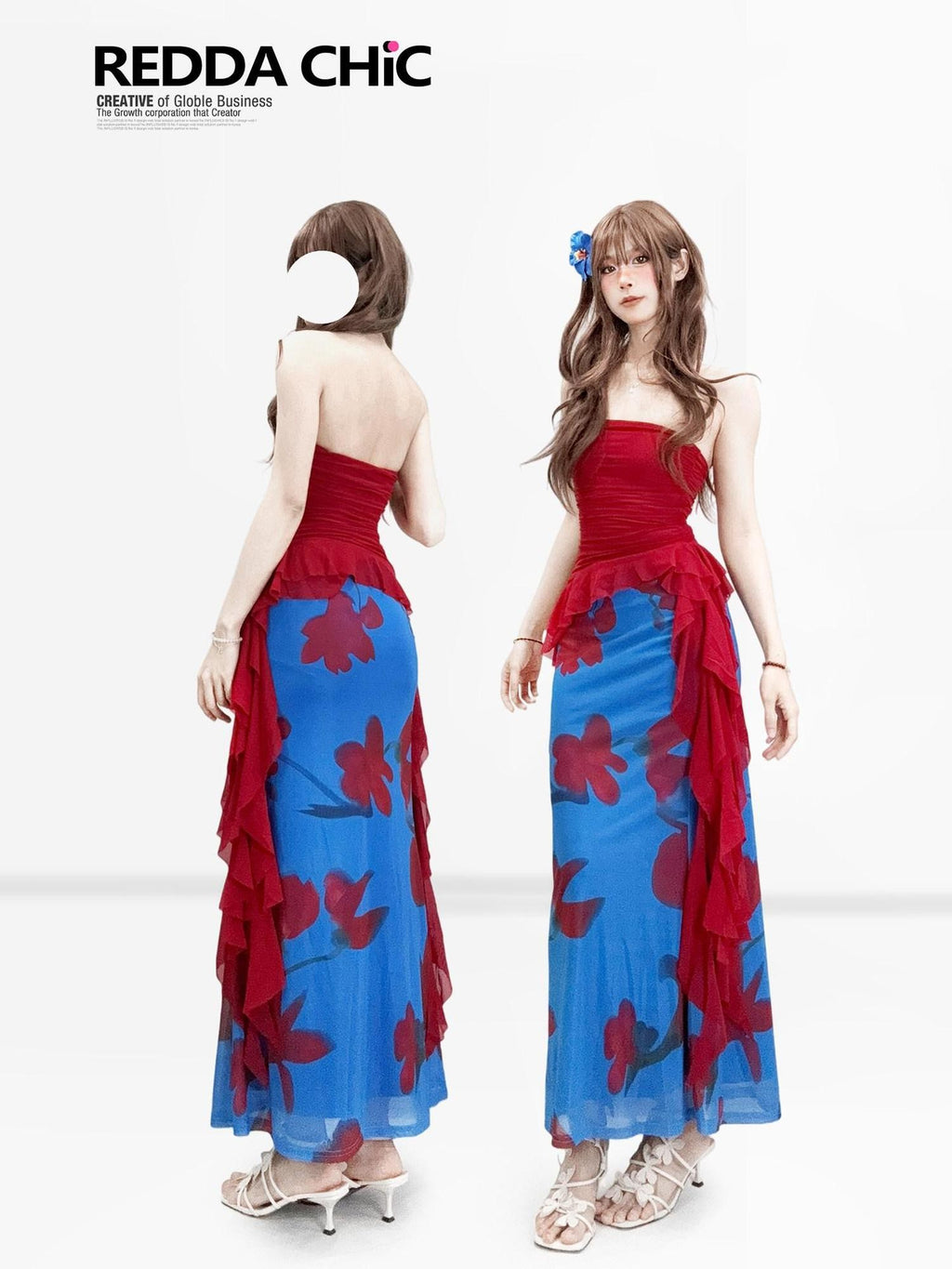 REDDACHIC Wine Red Irregular Ruffle Bustier Waist Cinching Women'S Strapless Midi Dresses