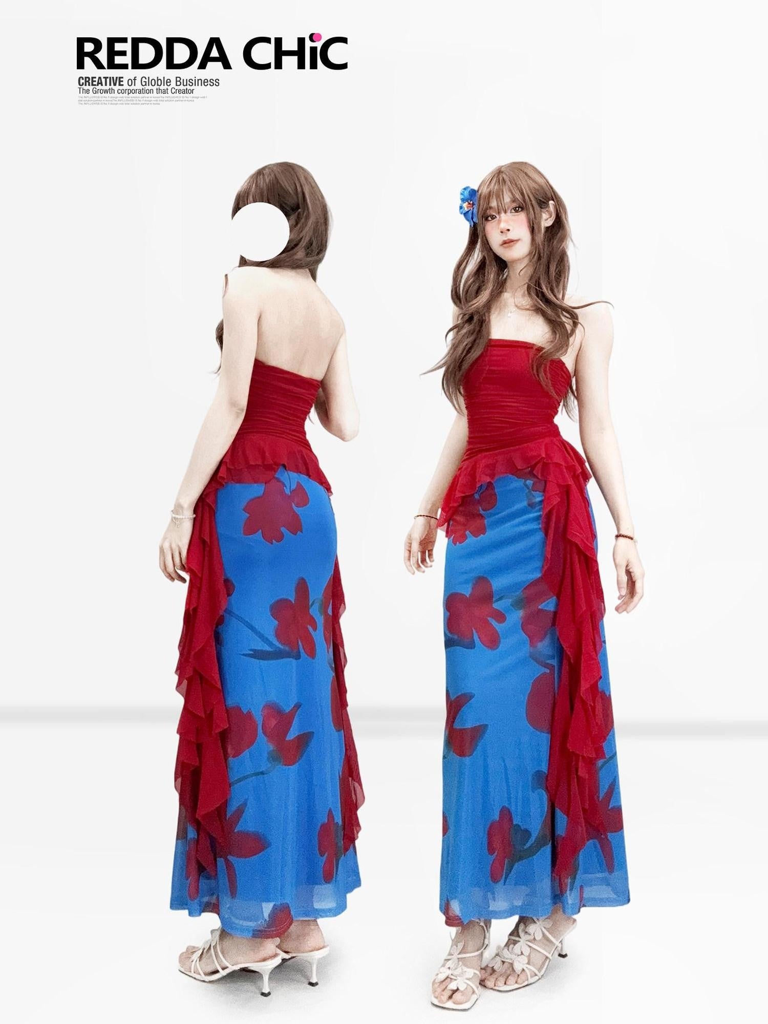 REDDACHIC Wine Red Irregular Ruffle Bustier Waist Cinching Women'S Strapless Midi Dresses