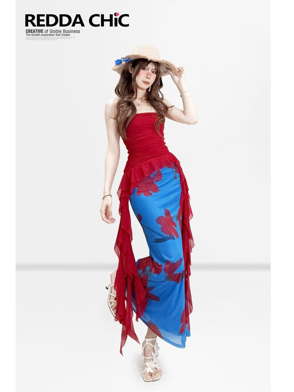 REDDACHIC Wine Red Irregular Ruffle Bustier Waist Cinching Women'S Strapless Midi Dresses