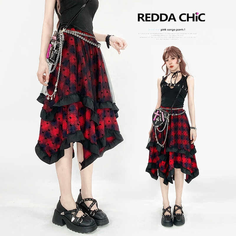 REDDACHIC_Wine_Red_Patchwork_Plaid_Irregular_Gothic_Punk_Rococo_Women'S_Midi_Skirts_MISSTT