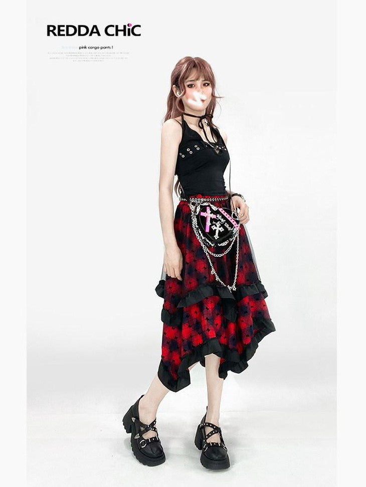 REDDACHIC Wine Red Patchwork Plaid Irregular Gothic Punk Rococo Women'S Midi Skirts