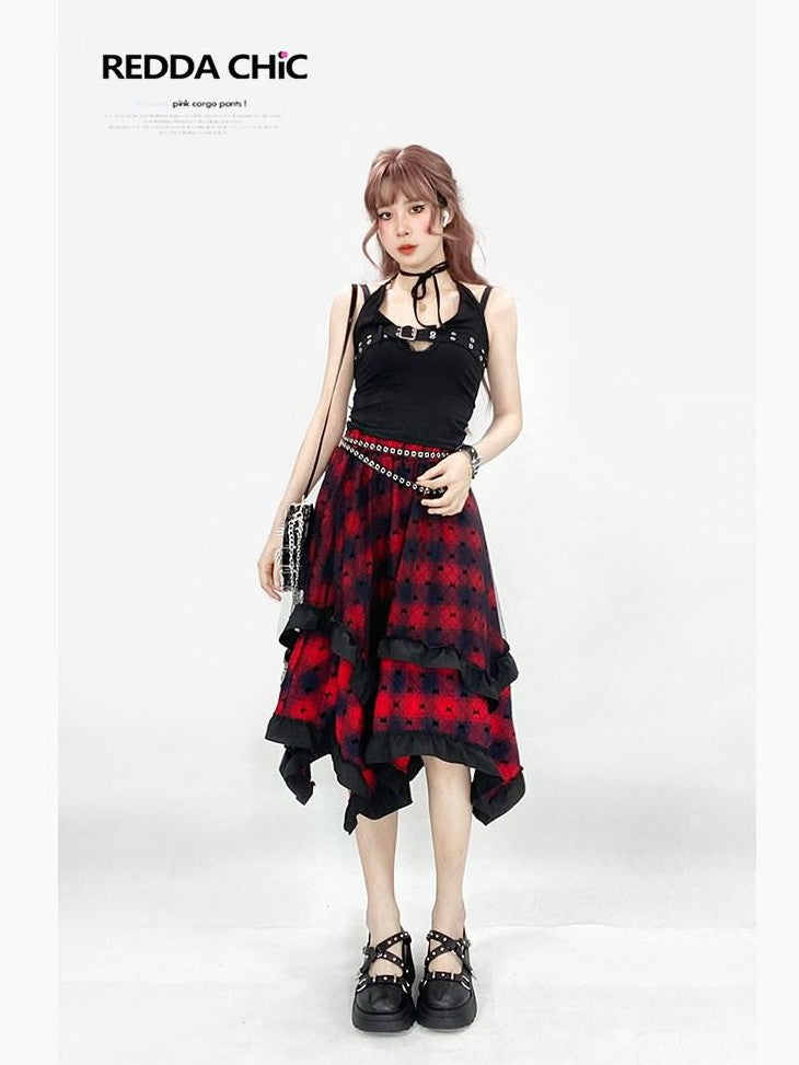 REDDACHIC Wine Red Patchwork Plaid Irregular Gothic Punk Rococo Women'S Midi Skirts