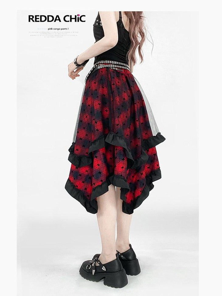 REDDACHIC Wine Red Patchwork Plaid Irregular Gothic Punk Rococo Women'S Midi Skirts