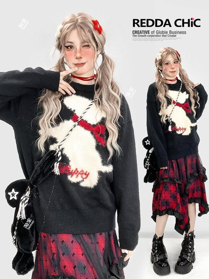 REDDACHIC Wine Red Patchwork Plaid Irregular Gothic Punk Rococo Women'S Midi Skirts