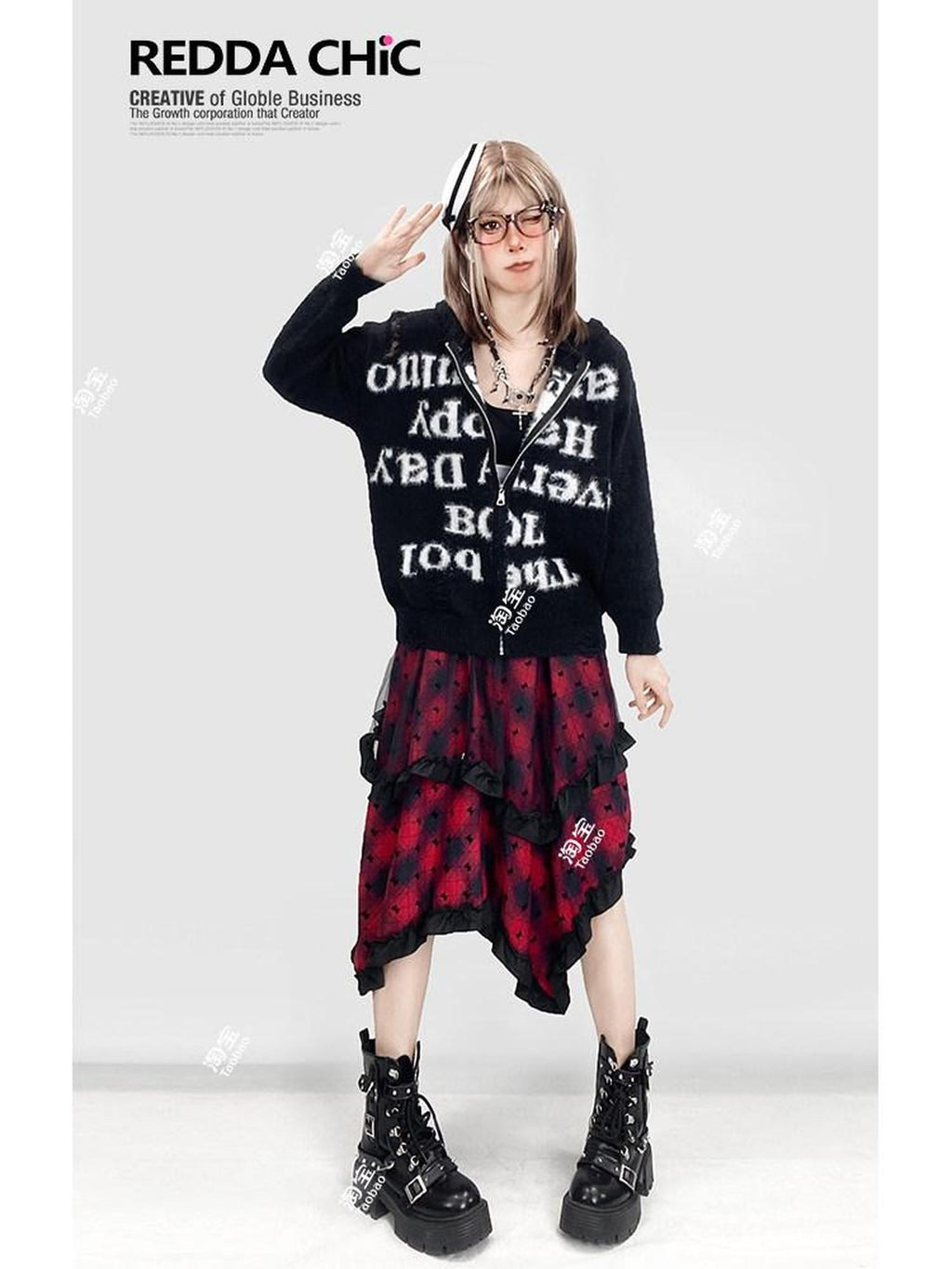 REDDACHIC Wine Red Patchwork Plaid Irregular Gothic Punk Rococo Women'S Midi Skirts