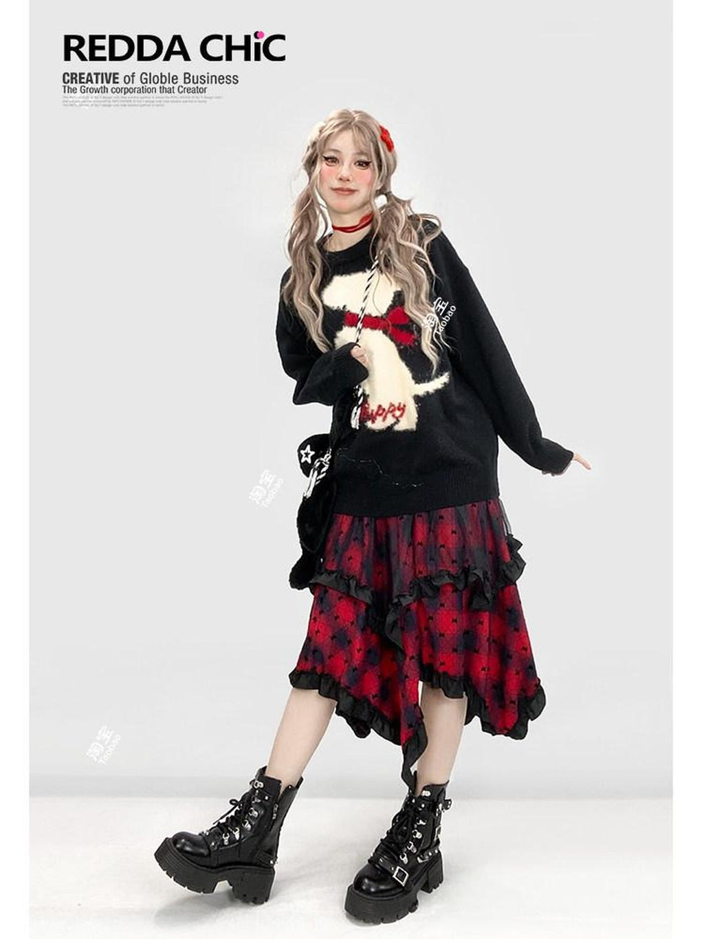 REDDACHIC Wine Red Patchwork Plaid Irregular Gothic Punk Rococo Women'S Midi Skirts