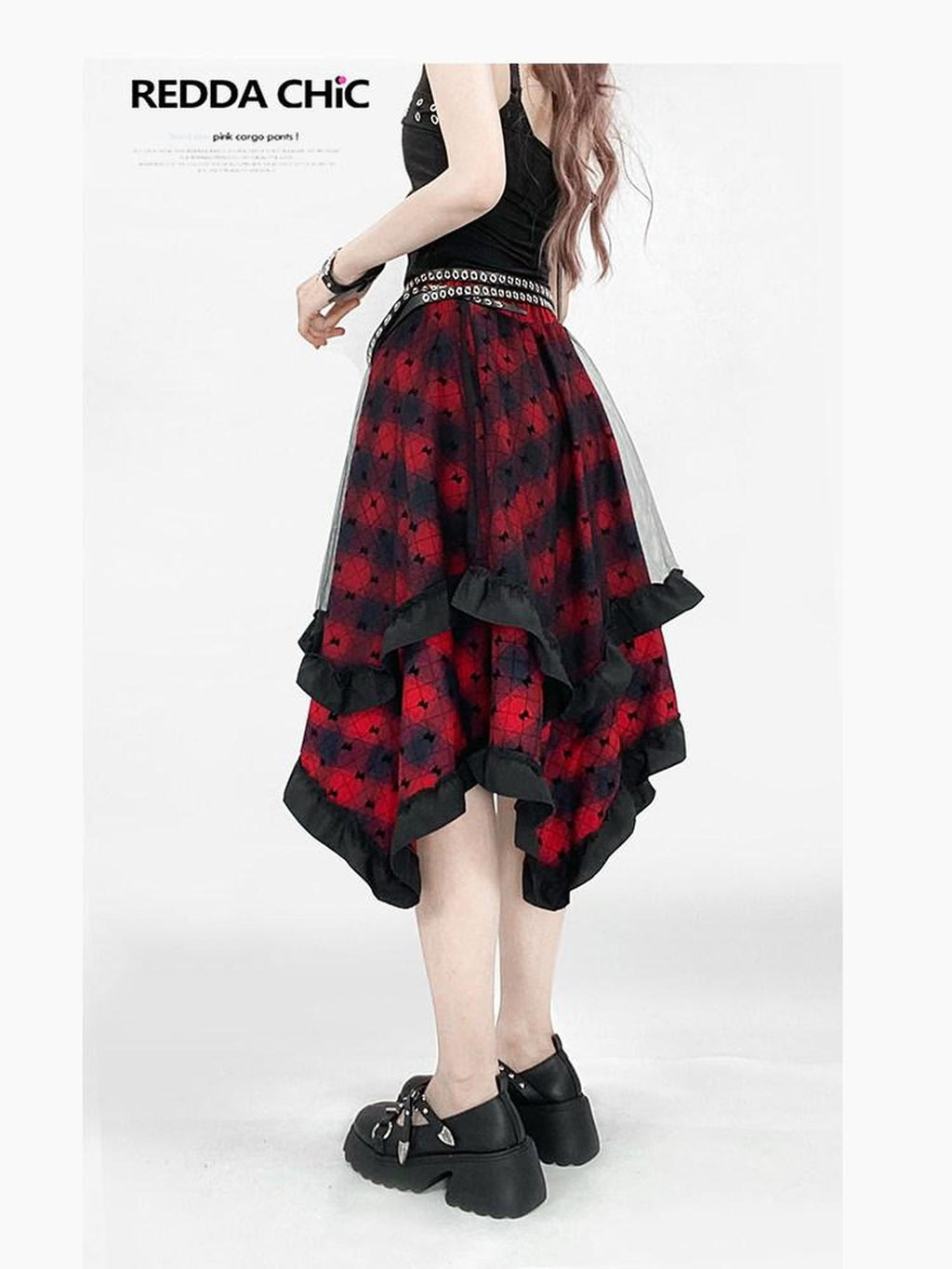 REDDACHIC Wine Red Patchwork Plaid Irregular Gothic Punk Rococo Women'S Midi Skirts