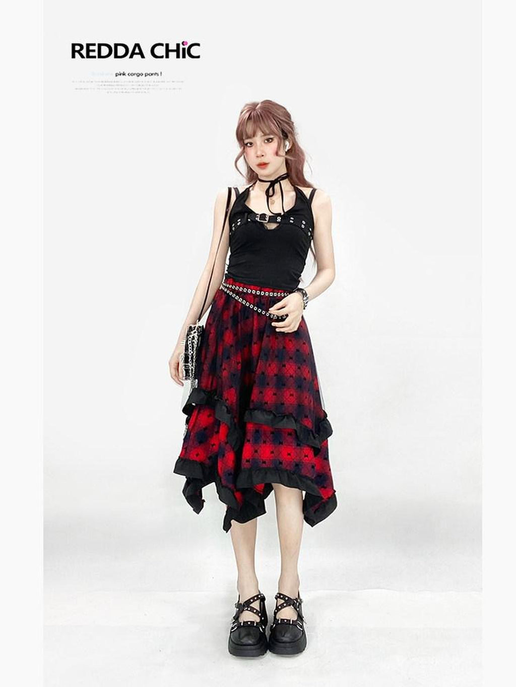 REDDACHIC Wine Red Patchwork Plaid Irregular Gothic Punk Rococo Women'S Midi Skirts