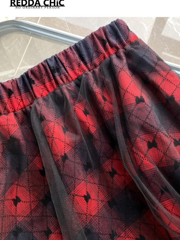 REDDACHIC Wine Red Patchwork Plaid Irregular Gothic Punk Rococo Women'S Midi Skirts