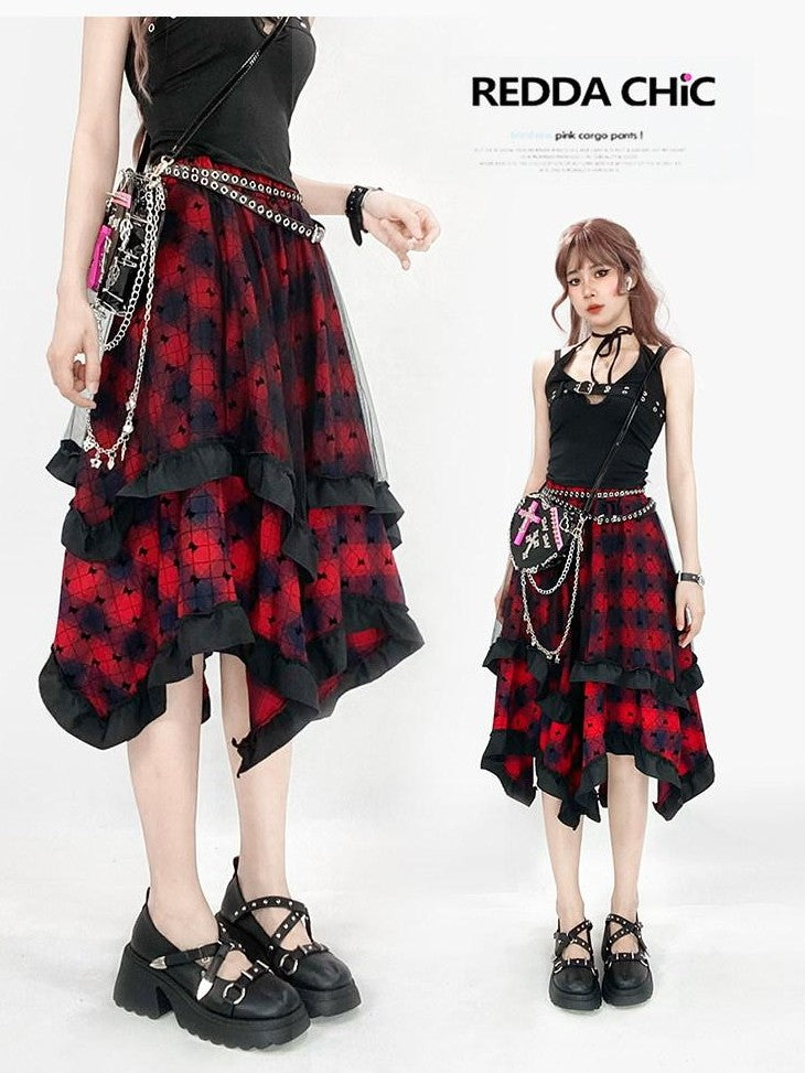 REDDACHIC Wine Red Patchwork Plaid Irregular Gothic Punk Rococo Women'S Midi Skirts