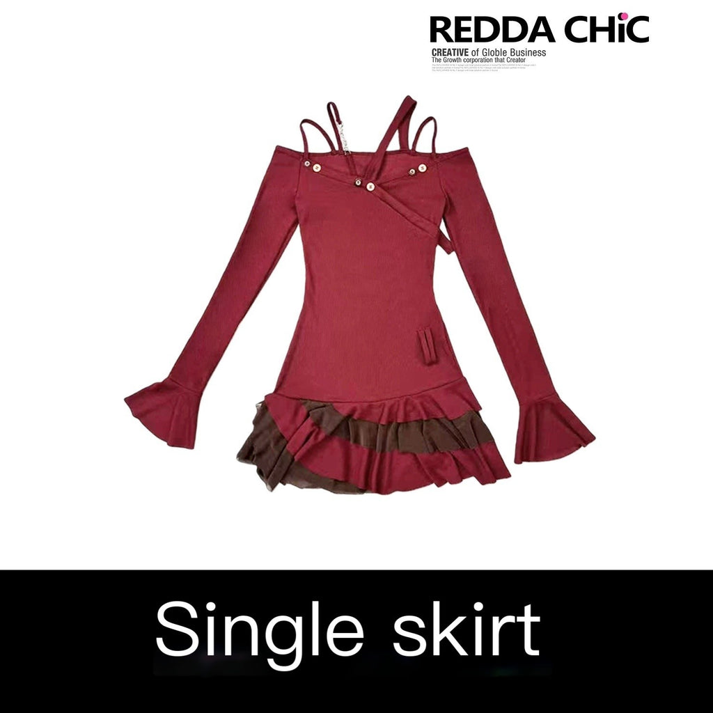 REDDACHIC_Wine_Red_Pleated_Layered_Cinched_Waist_Long_Sleeve_Women'S_Mini_Dresses_MISSTT