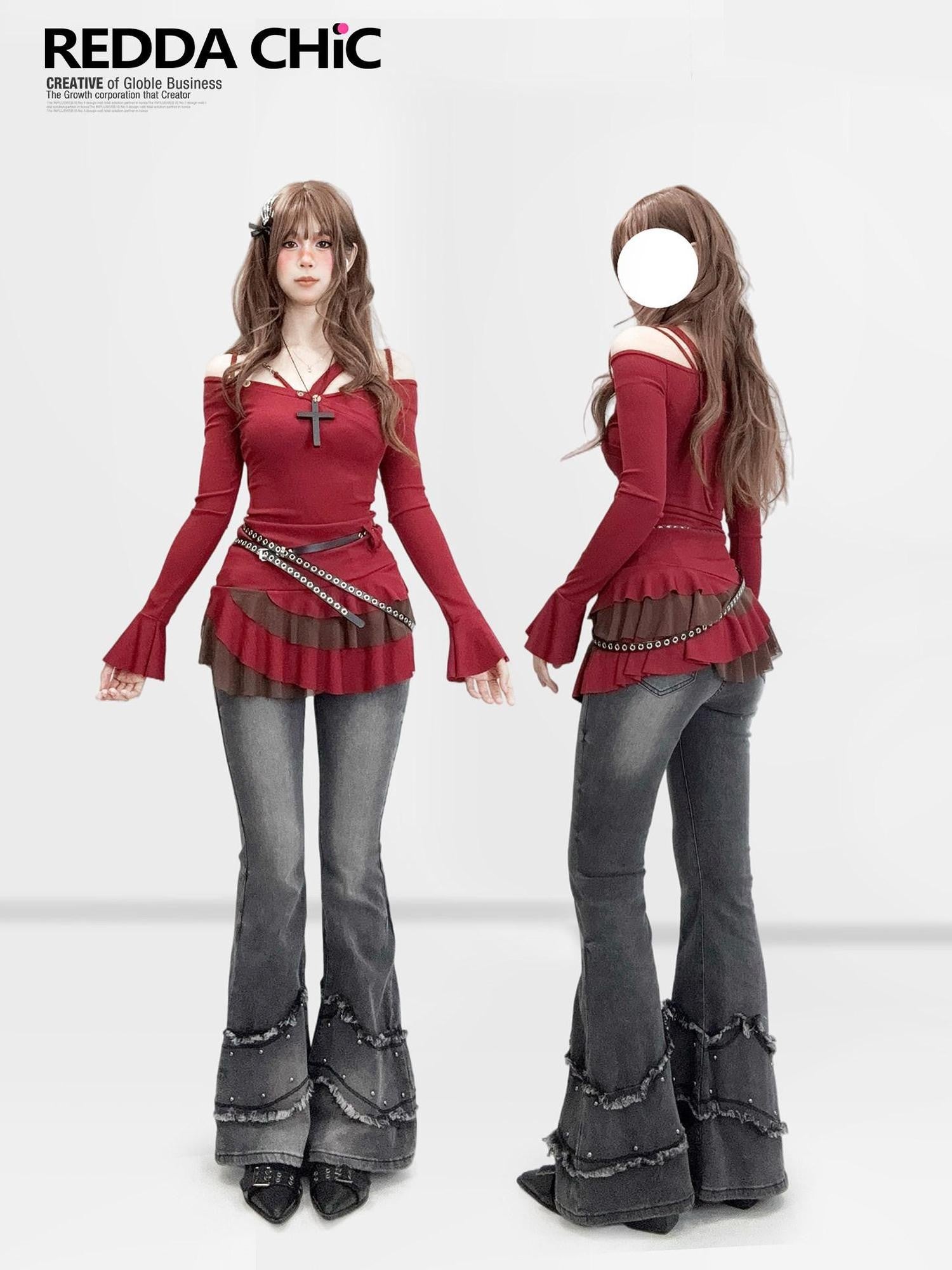 REDDACHIC Wine Red Pleated Layered Cinched Waist Long Sleeve Women'S Mini Dresses