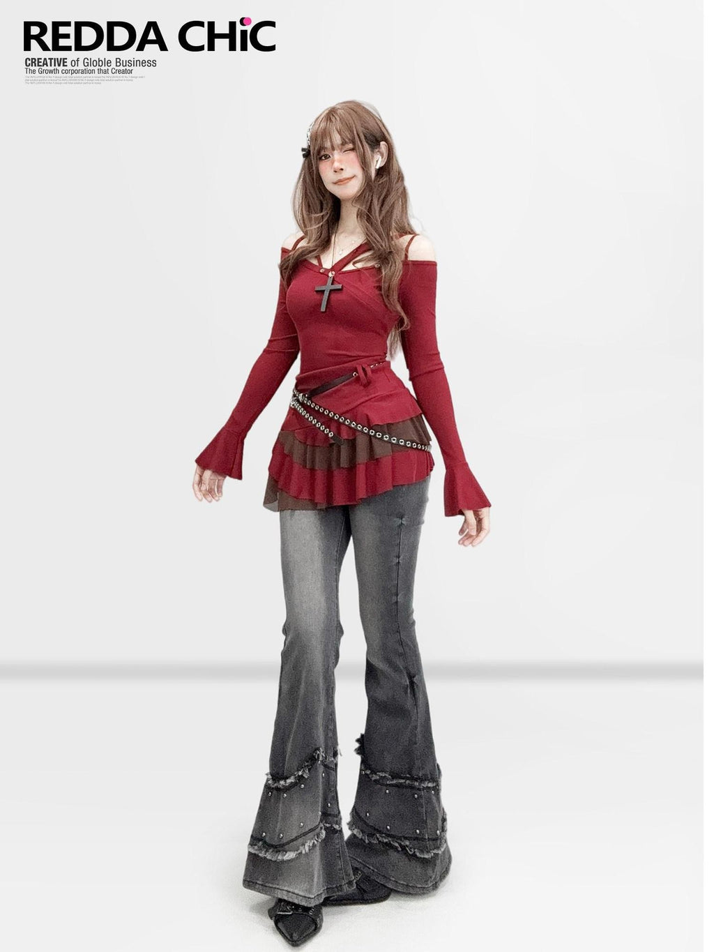 REDDACHIC Wine Red Pleated Layered Cinched Waist Long Sleeve Women'S Mini Dresses