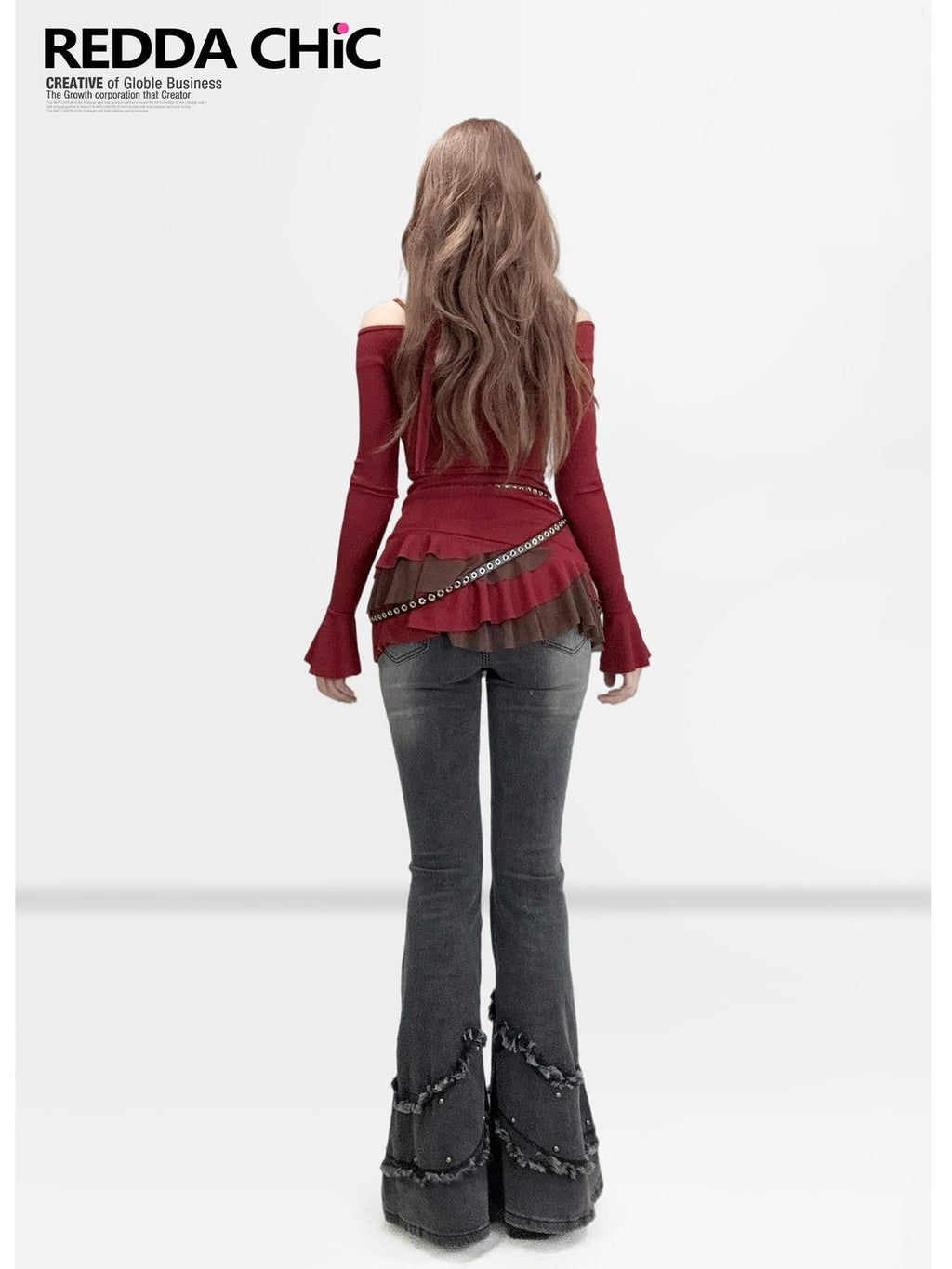 REDDACHIC Wine Red Pleated Layered Cinched Waist Long Sleeve Women'S Mini Dresses