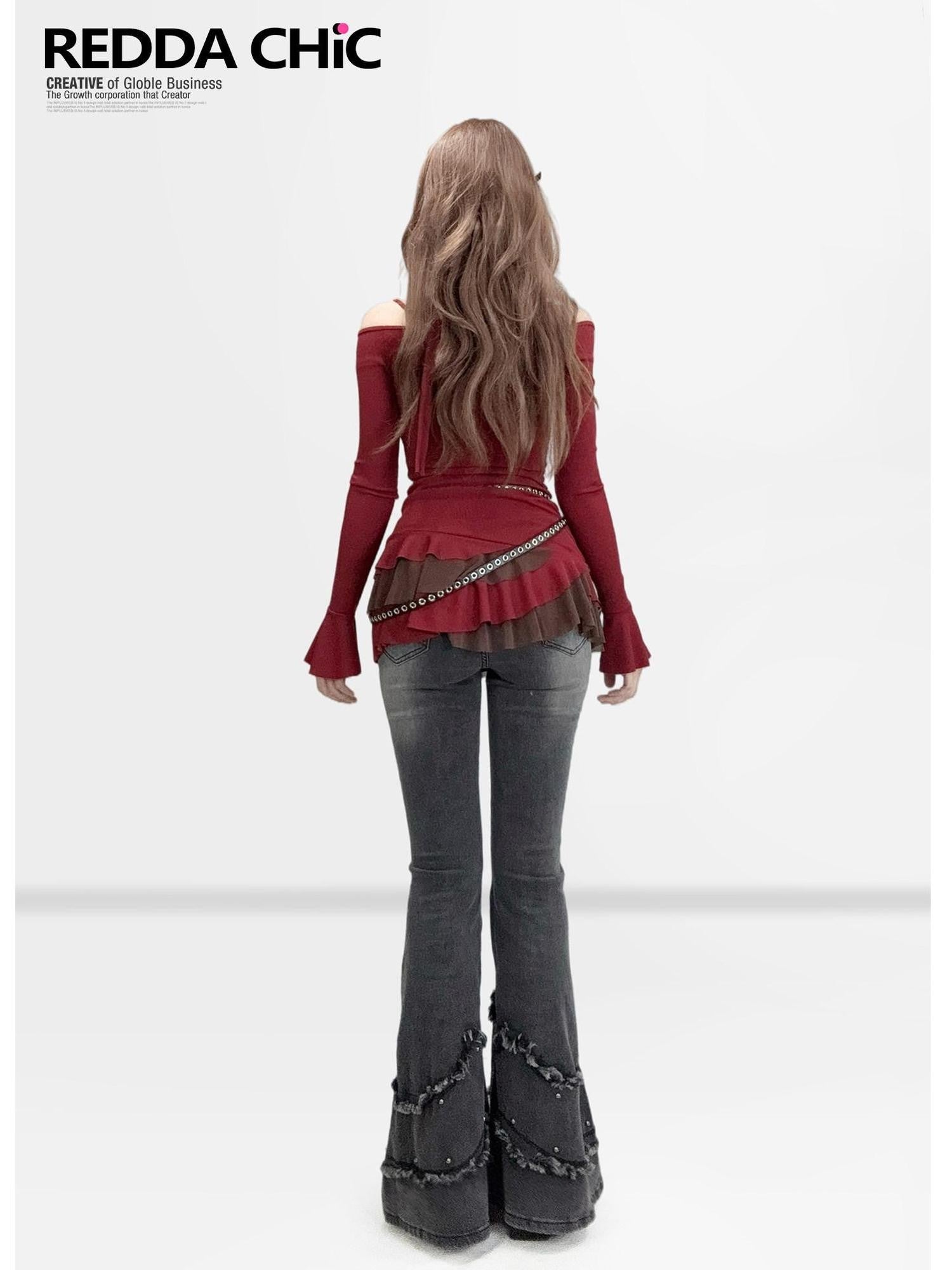 REDDACHIC Wine Red Pleated Layered Cinched Waist Long Sleeve Women'S Mini Dresses