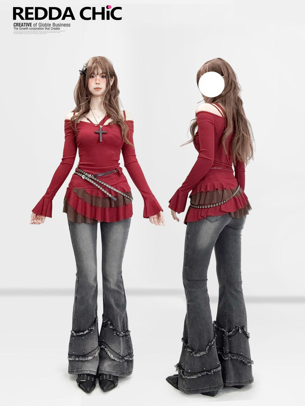 REDDACHIC Wine Red Pleated Layered Cinched Waist Long Sleeve Women'S Mini Dresses