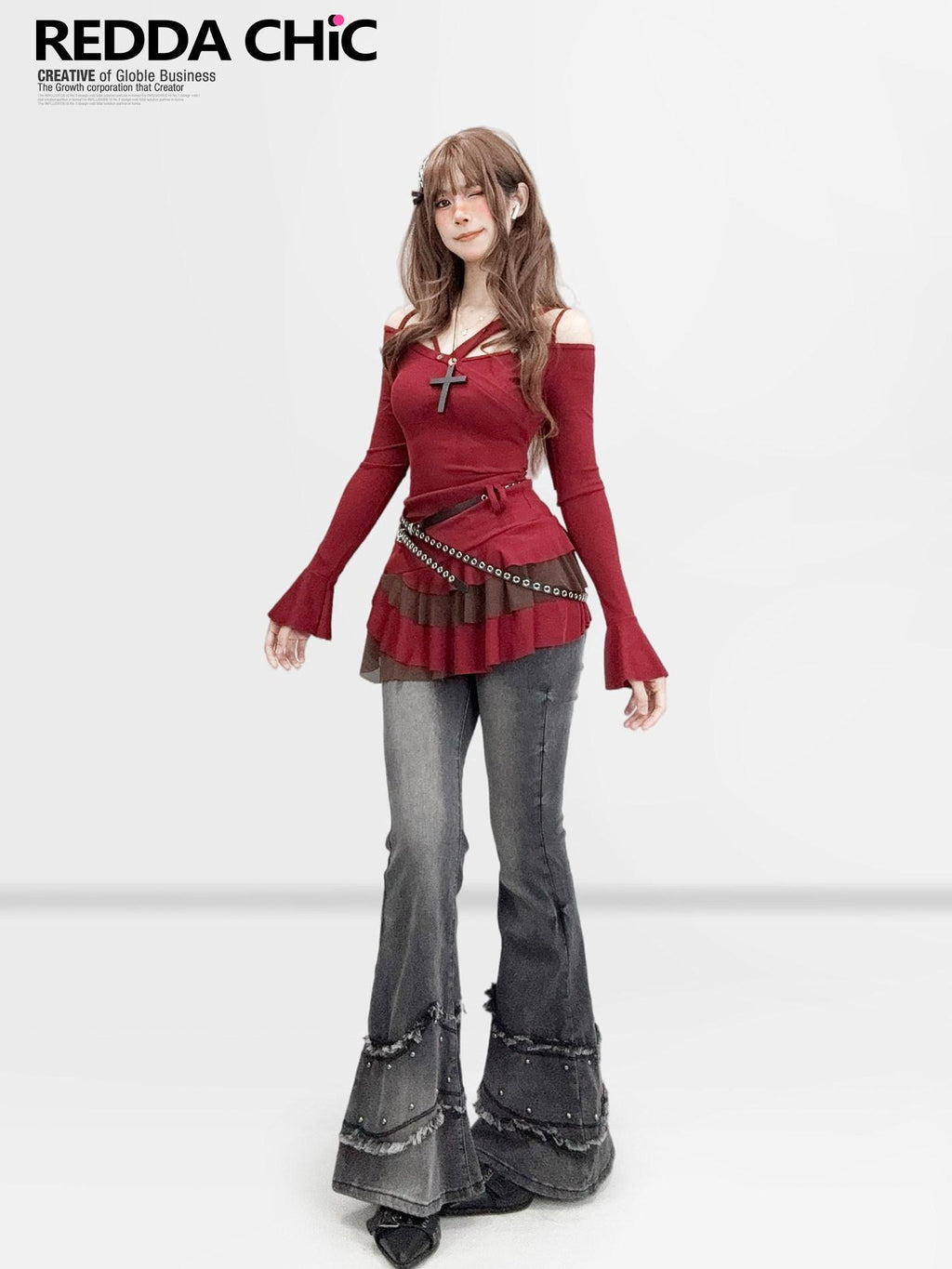 REDDACHIC Wine Red Pleated Layered Cinched Waist Long Sleeve Women'S Mini Dresses