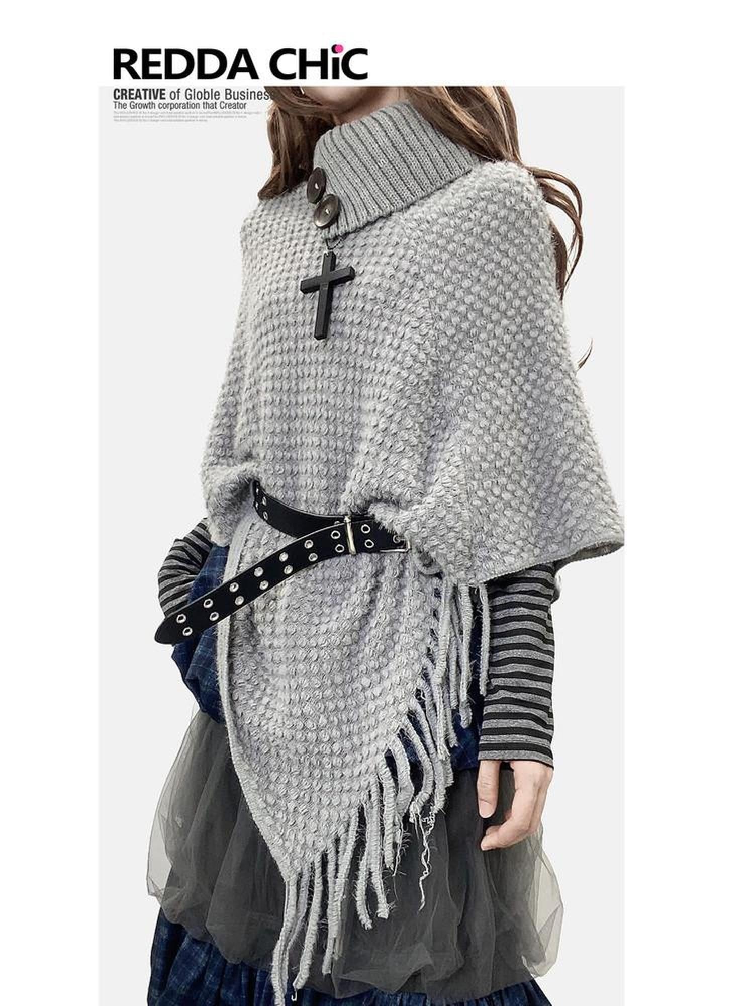 REDDACHIC Y2K Asymmetrical Fringe Shawl High Neck Loose Layered Women'S Knit Sweaters