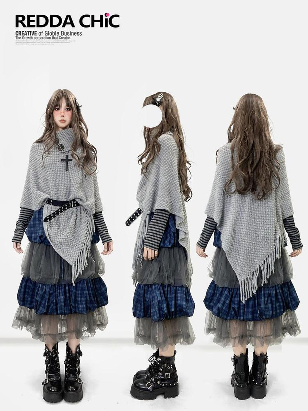 REDDACHIC Y2K Asymmetrical Fringe Shawl High Neck Loose Layered Women'S Knit Sweaters
