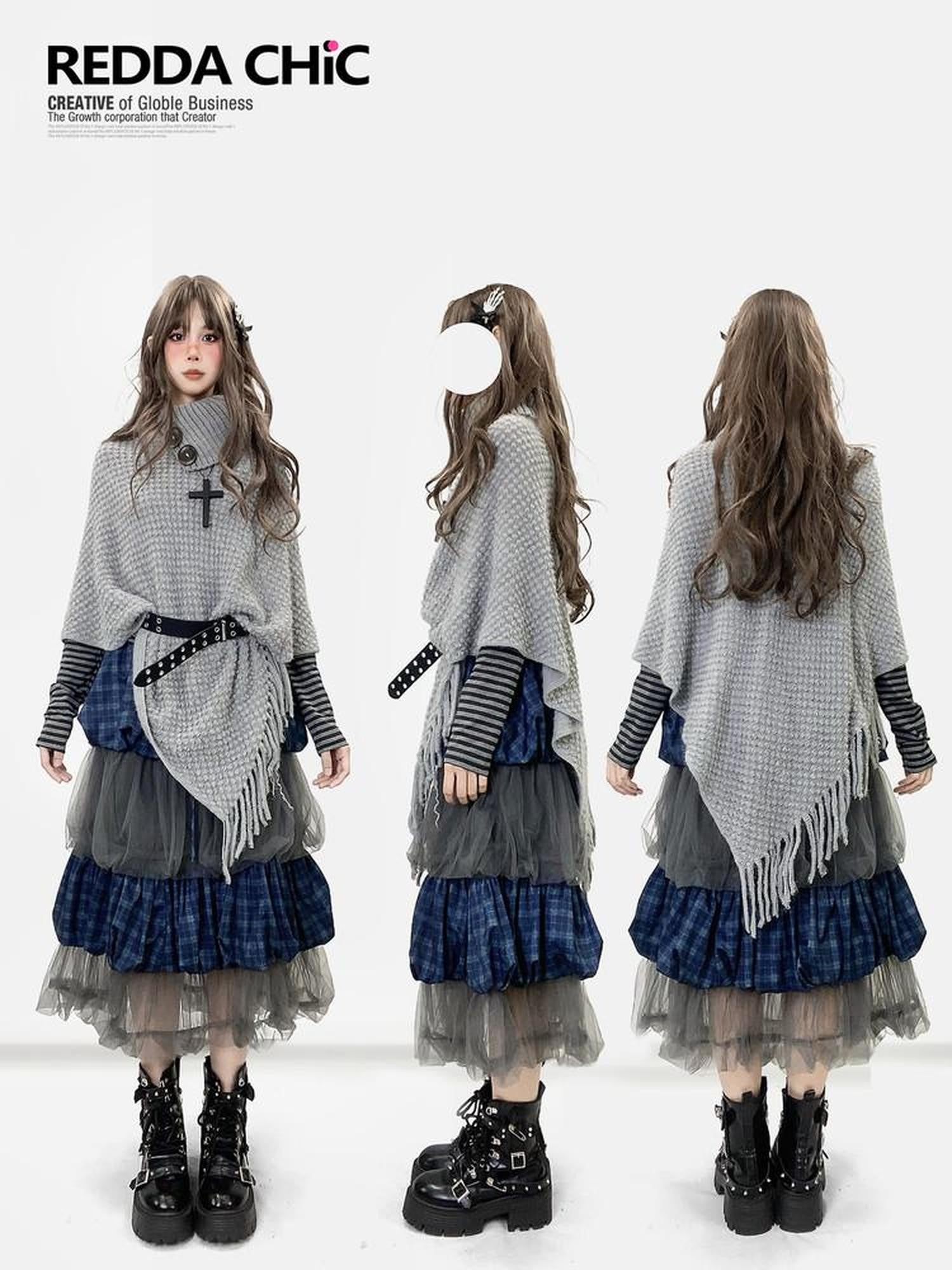 REDDACHIC Y2K Asymmetrical Fringe Shawl High Neck Loose Layered Women'S Knit Sweaters