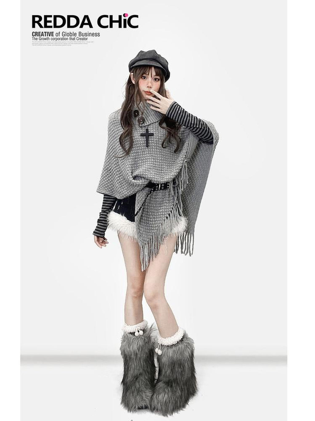 REDDACHIC Y2K Asymmetrical Fringe Shawl High Neck Loose Layered Women'S Knit Sweaters