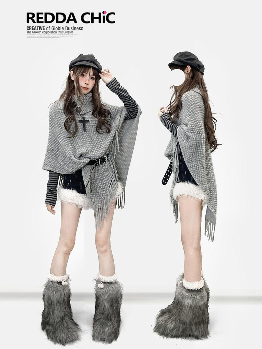 REDDACHIC Y2K Asymmetrical Fringe Shawl High Neck Loose Layered Women'S Knit Sweaters