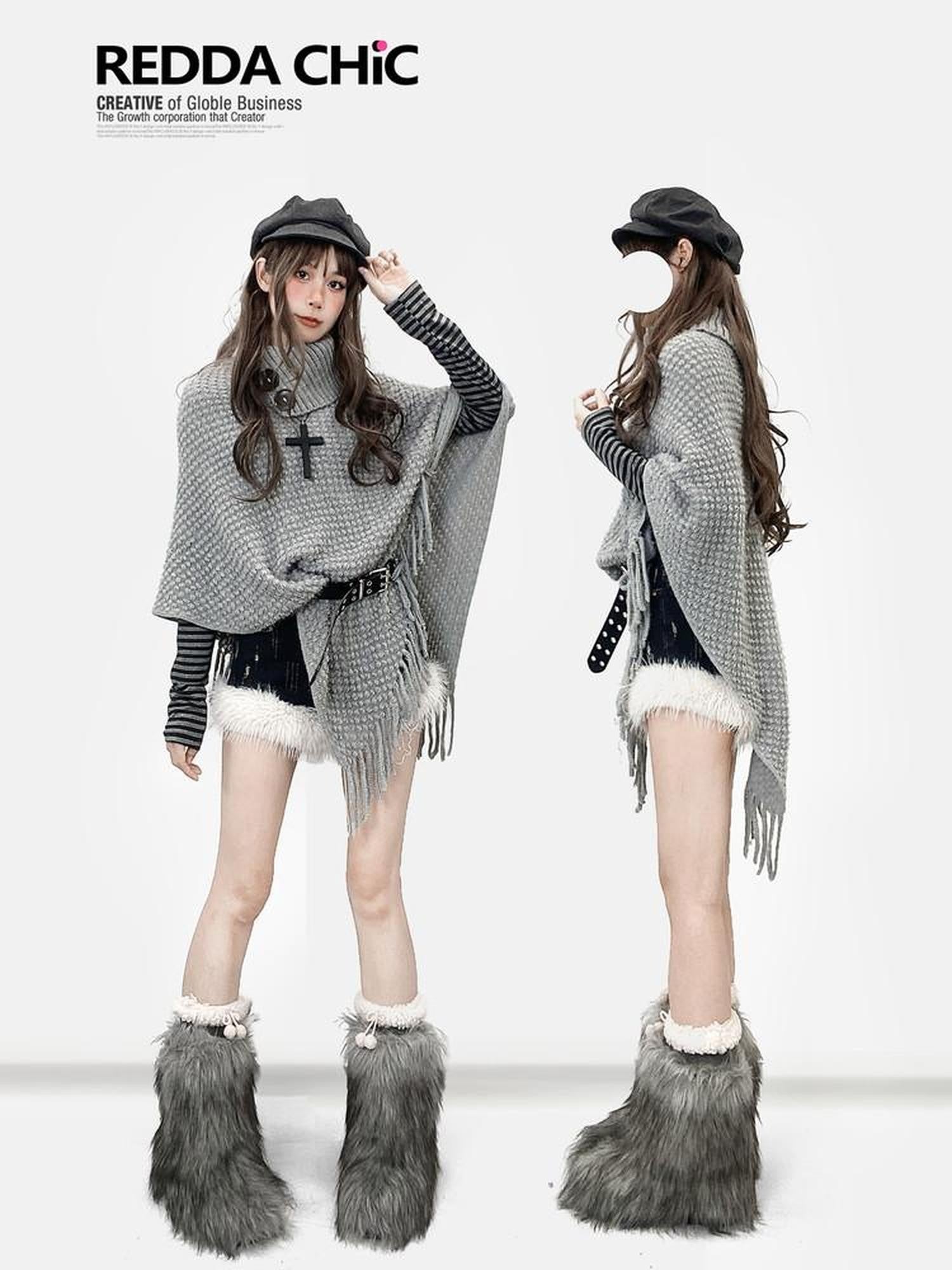 REDDACHIC Y2K Asymmetrical Fringe Shawl High Neck Loose Layered Women'S Knit Sweaters