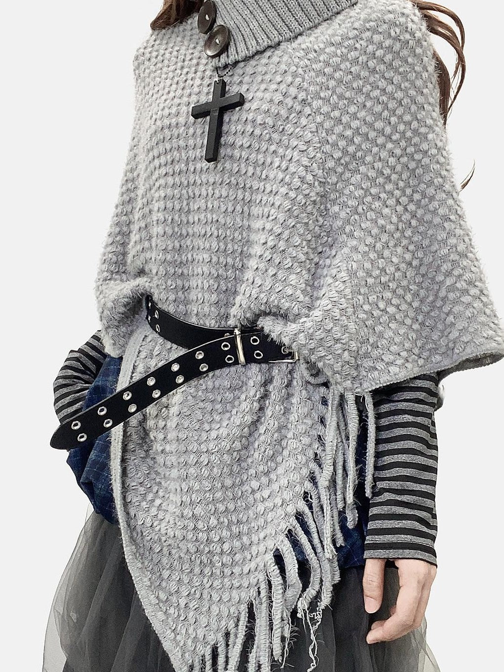 REDDACHIC Y2K Asymmetrical Fringe Shawl High Neck Loose Layered Women'S Knit Sweaters