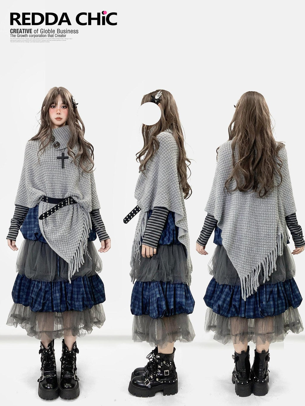 REDDACHIC Y2K Asymmetrical Fringe Shawl High Neck Loose Layered Women'S Knit Sweaters