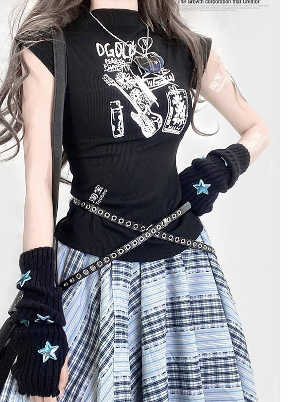 REDDACHIC Y2K Black Letter Cartoon Print Cropped Slim High Waist Women'S Tank Tops