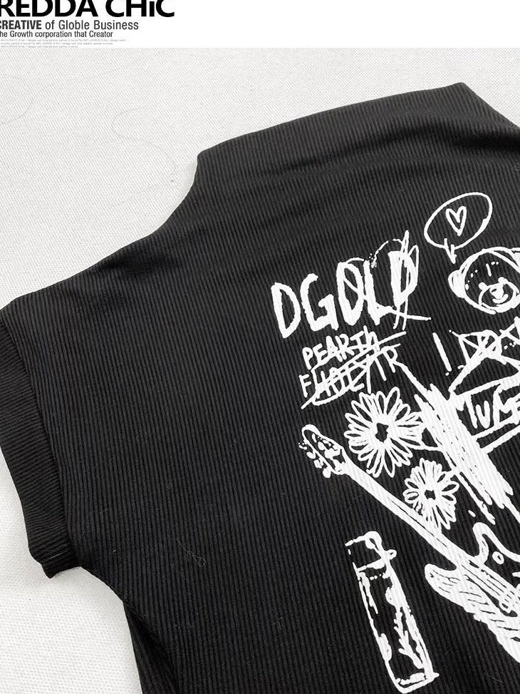 REDDACHIC Y2K Black Letter Cartoon Print Cropped Slim High Waist Women'S Tank Tops