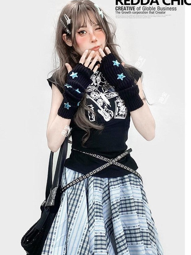 REDDACHIC Y2K Black Letter Cartoon Print Cropped Slim High Waist Women'S Tank Tops