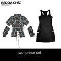 REDDACHIC_Y2K_Blue_Plaid_Shirt_Sleeve_Top_Black_Vest_Bodycon_Women'S_Top_&_Skirt_Sets_MISSTT