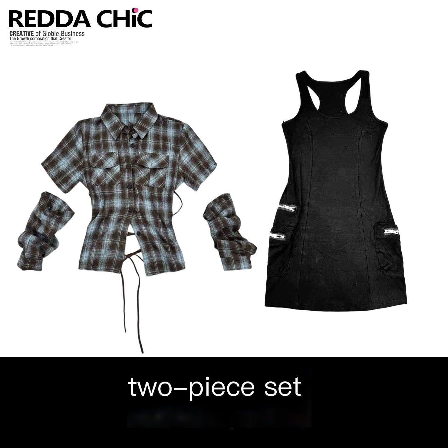 REDDACHIC_Y2K_Blue_Plaid_Shirt_Sleeve_Top_Black_Vest_Bodycon_Women'S_Top_&_Skirt_Sets_MISSTT