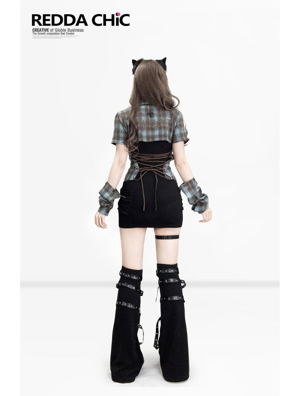 REDDACHIC Y2K Blue Plaid Shirt Sleeve Top Black Vest Bodycon Women'S Top & Skirt Sets