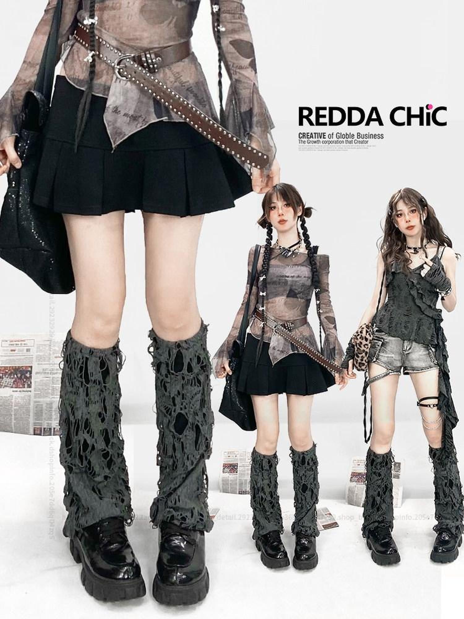 REDDACHIC Y2K Distressed Ripped Slouchy Women'S Grey Mid Calf Leg Warmers