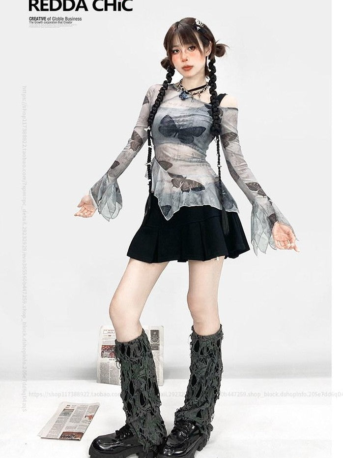 REDDACHIC Y2K Distressed Ripped Slouchy Women'S Grey Mid Calf Leg Warmers