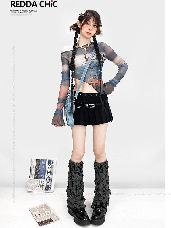 REDDACHIC Y2K Distressed Ripped Slouchy Women'S Grey Mid Calf Leg Warmers