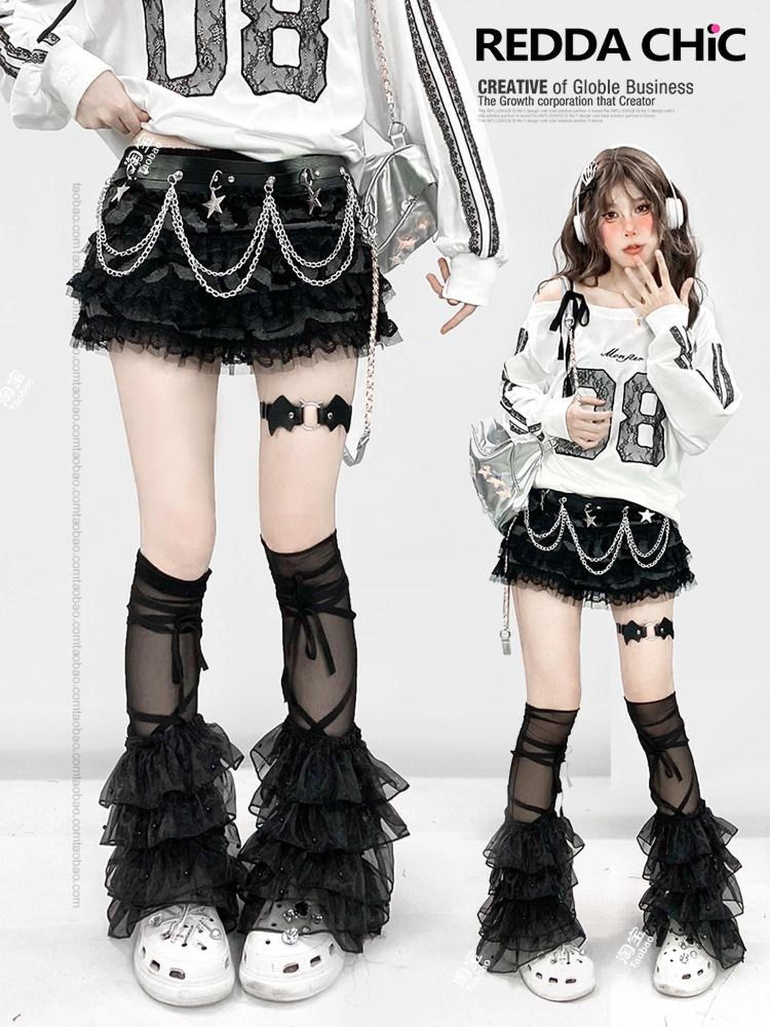 REDDACHIC Y2K Layered Lace Tiered Puffy High Waist Women'S Black Mini Skirts