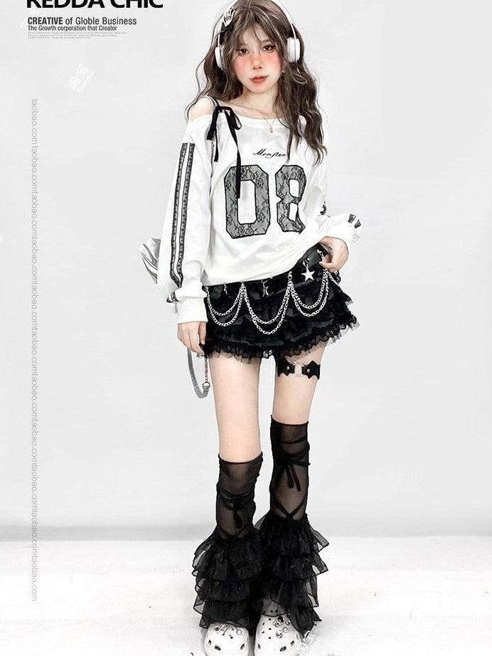 REDDACHIC Y2K Layered Lace Tiered Puffy High Waist Women'S Black Mini Skirts