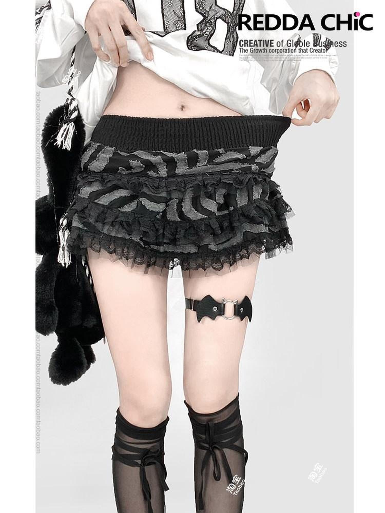 REDDACHIC Y2K Layered Lace Tiered Puffy High Waist Women'S Black Mini Skirts