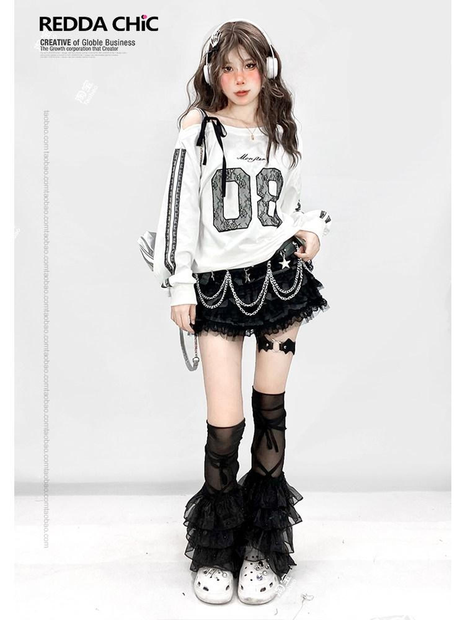REDDACHIC Y2K Layered Lace Tiered Puffy High Waist Women'S Black Mini Skirts