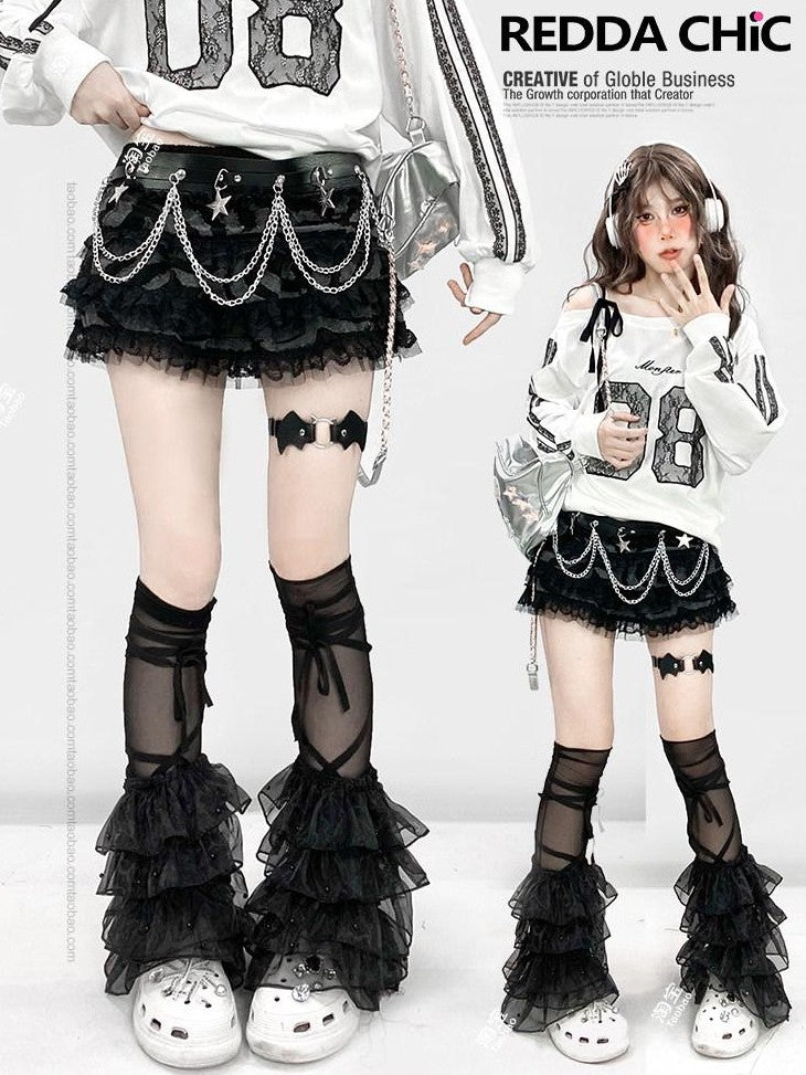 REDDACHIC Y2K Layered Lace Tiered Puffy High Waist Women'S Black Mini Skirts
